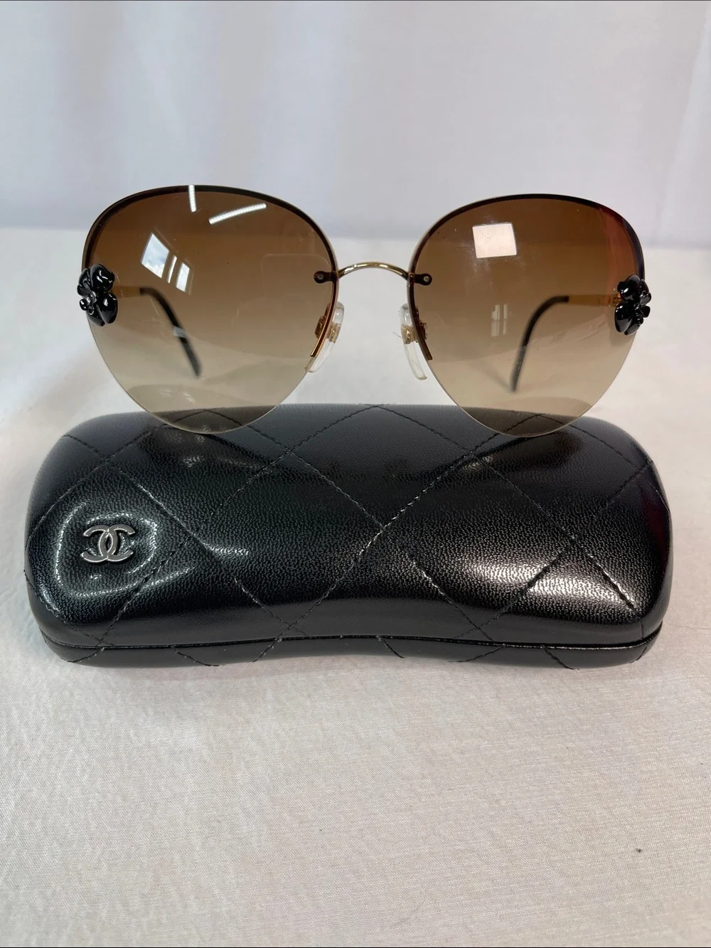 Chanel 4134 Rimless Camellia Flower Gradient Sunglasses Brown Gold Authentic